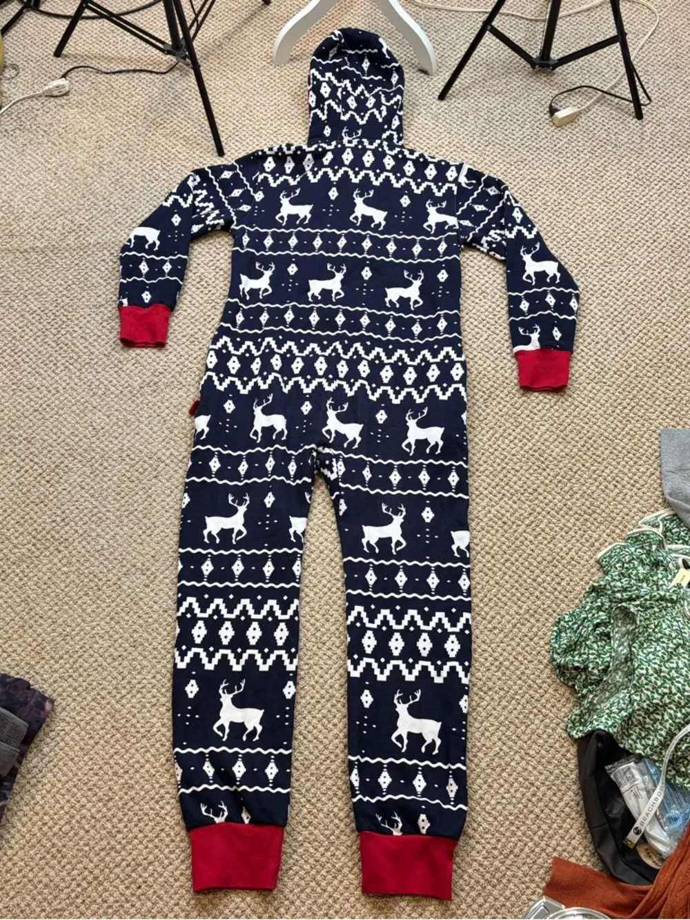 Tipsy Elves Unisex Blue Reindeer Fair Isle Hooded Jumpsuit Size Medium - Picture 8 of 8